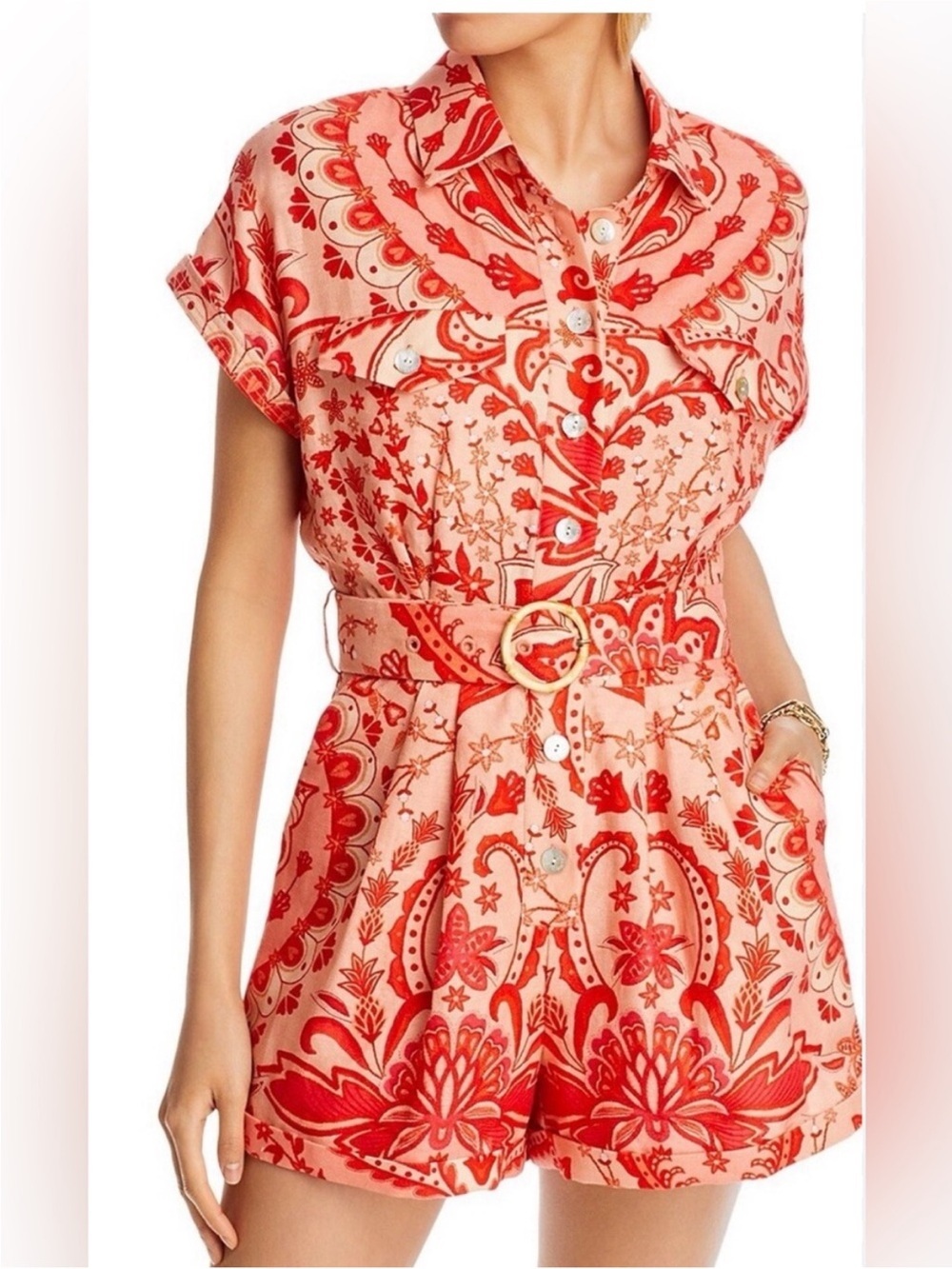Farm Rio Jaipur Floral Belted Romper, Pink Red Print, Size Medium, EUC 🌺 - Picture 3 of 5